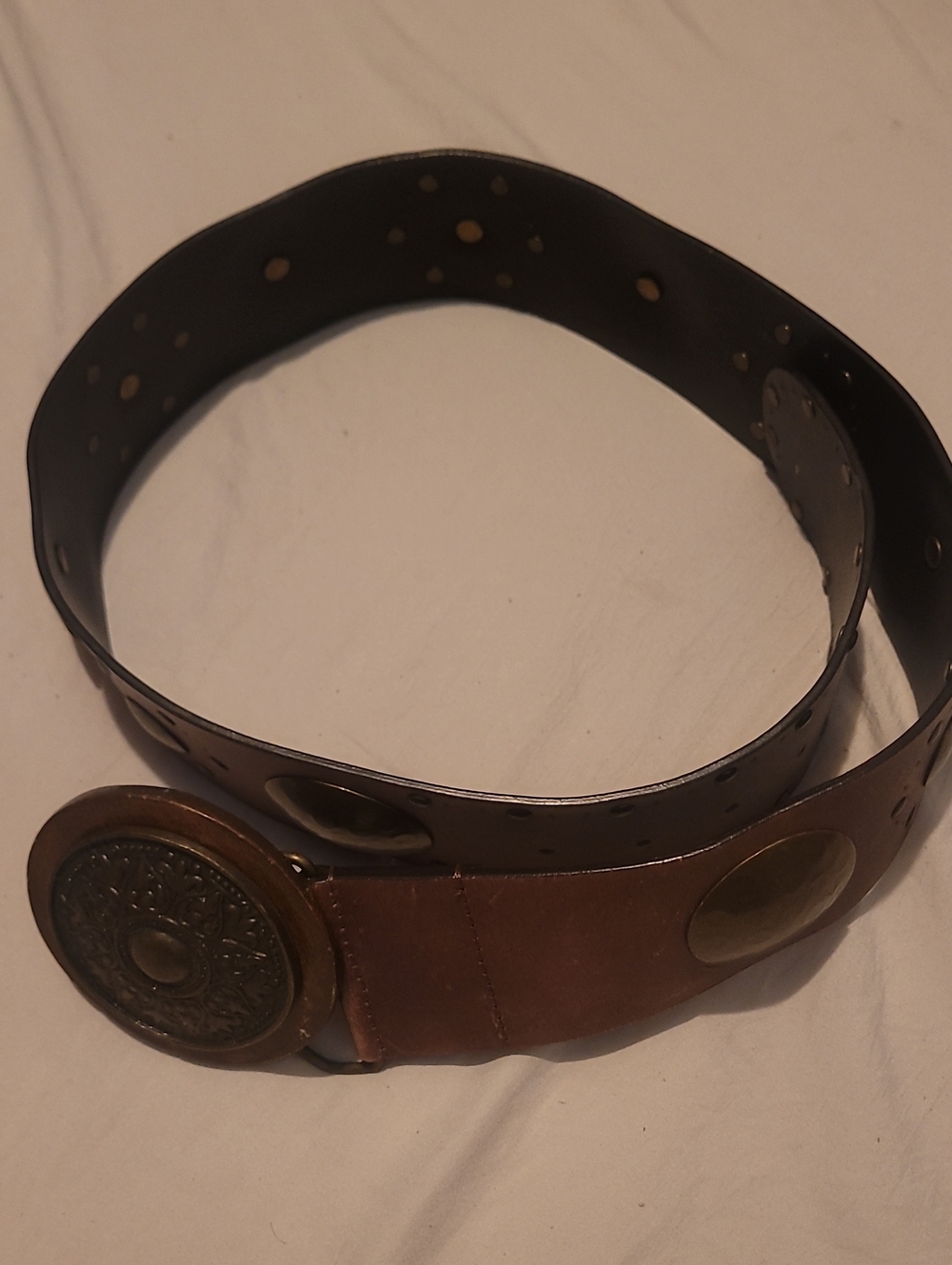 Classic Brown Leather Women's Belt with Decorative Brass Medallion